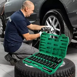 High-Quality 1/2 Inch Deep Impact Socket Set with Green Storage Case for Tire Removal and Mechanical Repairs, Suitable for Car Maintenance with Electric or Pneumatic Drills, Metric