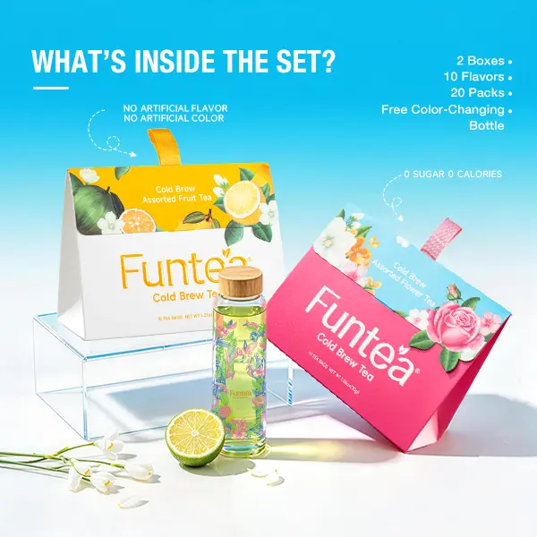 Cold Brew Fruit & Flower Tea Bags (2 Boxes, 10 Packs Each, 3g-4g Per Pack, 10 Flavors) with Free 550ml/18.6oz Color-Changing Bottle, Real Fruit, Flower & Whole Leaf Tea, Rose-Osmanthus Oolong, Lemon, Jasmine, Summer Beverages