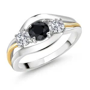 925 Sterling Silver and 10K Yellow Gold Round Black Sapphire and White Lab Grown Diamond 3 Stone Ring For Women (1.23 Cttw, Available In Size 5, 6, 7, 8, 9)