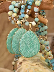 Bohemian Vintage Natural Stone & Glass Bead Necklace with Amazonite Pendant - Golden-Tone Accent Jewelry for Women, Mother's Day Gift, Spring Daily Wear, Everyday Accessory, Rustic Aesthetic, Artisanal Craftsmanship