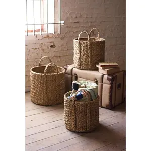 Set Of 3 Round Braided Seagrass Storage Baskets W Handles