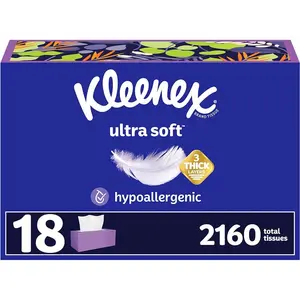 Kleenex Ultra Soft Facial Tissues 18 Flat Boxes 120 Tissues Total 3-Ply Hypoallergenic Tissues for Runny Nose, Watery Eyes & Allergy Season - Napkin