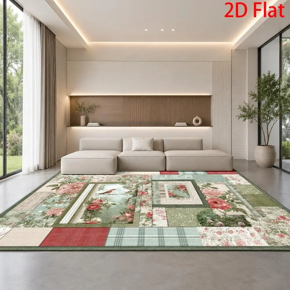 Extra Large Vintage Floral Patchwork Rug Suitable for Living Room, Oversized Bedroom Floor Mat with Jumbo Garden Bird, Machine Washable, Soft Durable / Rug Suitable for Decor, Large Modern Patchwork, 2D Flat