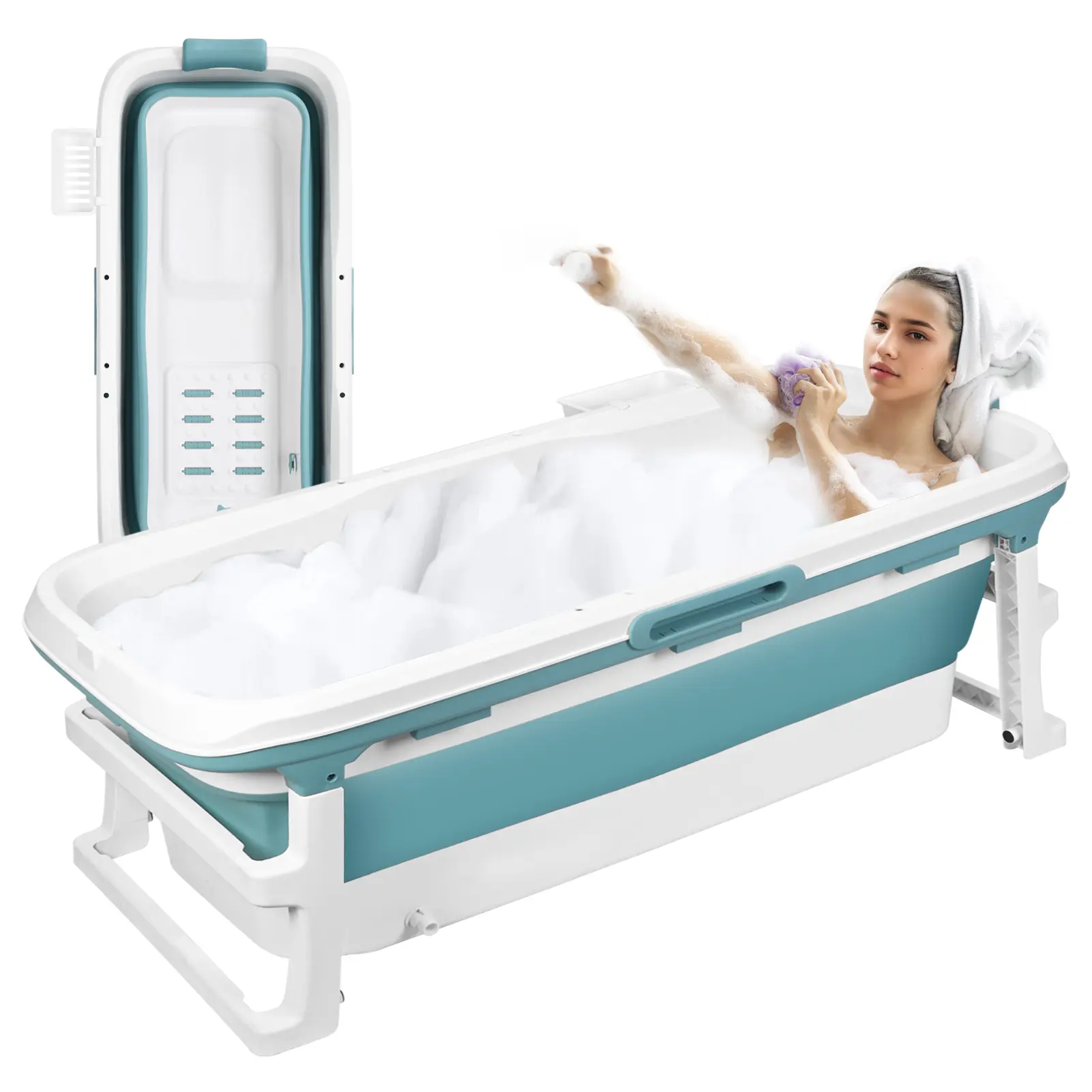 Adult Portable Folding Bathtub, Plastic Wash Tub with Massage Wheel, 1x Headrest, 2x Stopper (Bottom & Side), 51.2"L x 23.6"W x 21.7"H, Supports 100kg, for Bathroom & Small Spaces