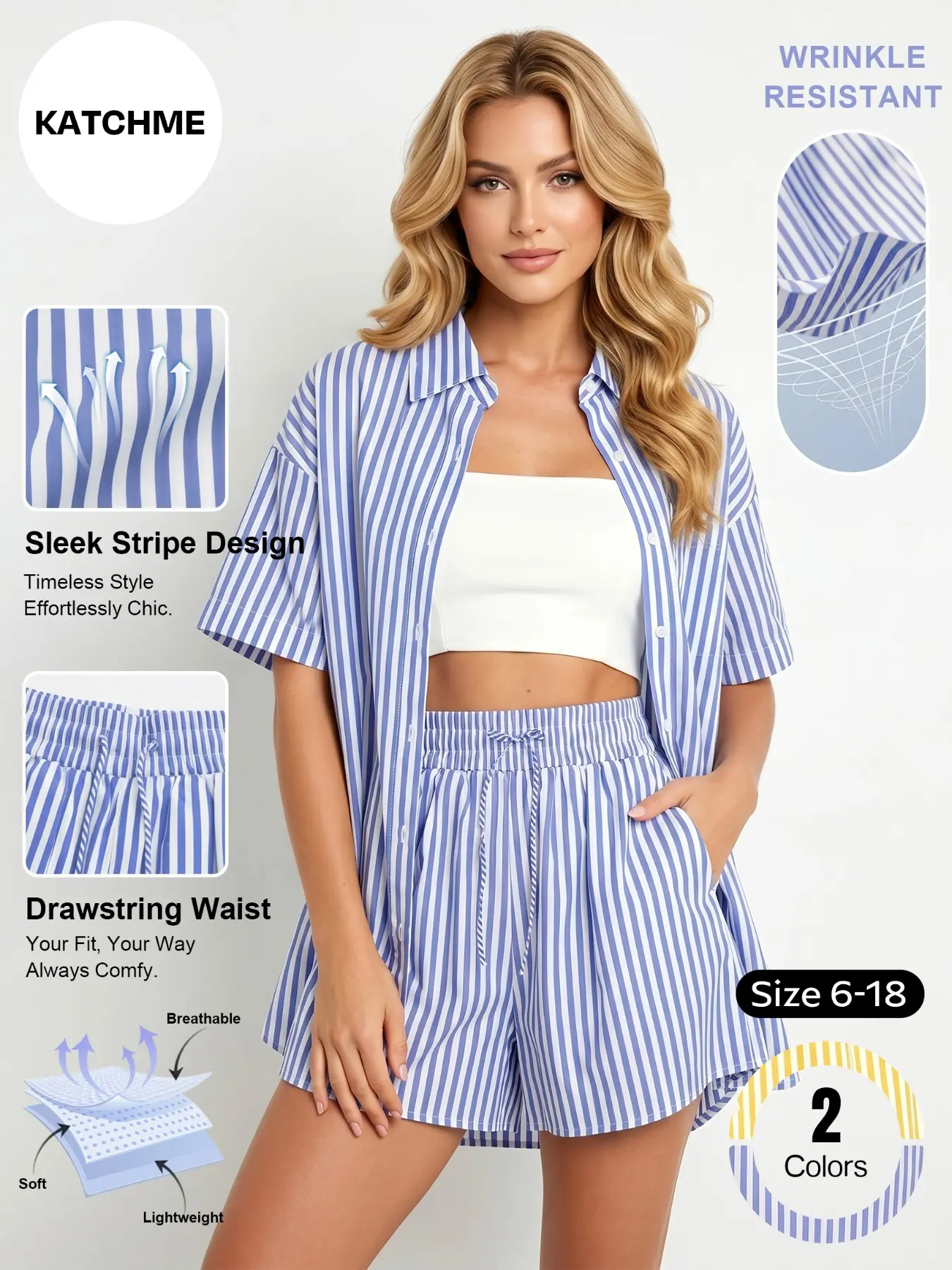 Striped Short Sleeve Shirt & Drawstring Waist Shorts Loungewear Co-ord, Lightweight Wrinkle-Resistant Breathable Loose Two Piece Sets, Skin-Friendly Daily Outfit