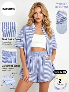 Striped Short Sleeve Shirt & Drawstring Waist Shorts Loungewear Co-ord, Lightweight Wrinkle-Resistant Loose Two Piece Sets, Skin-Friendly Daily Outfit