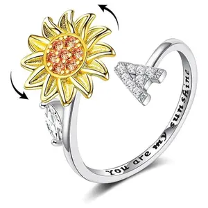 Sunflower Initial Letter Spinner Fidget Ring for Women Zircon Natural Stone Jewelry with "You Are My Sunshine" Design