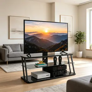 Summervibes Multi-Function Black Tempered Glass TV Stand with Adjustable Angle and Height for Indoor Furniture Use