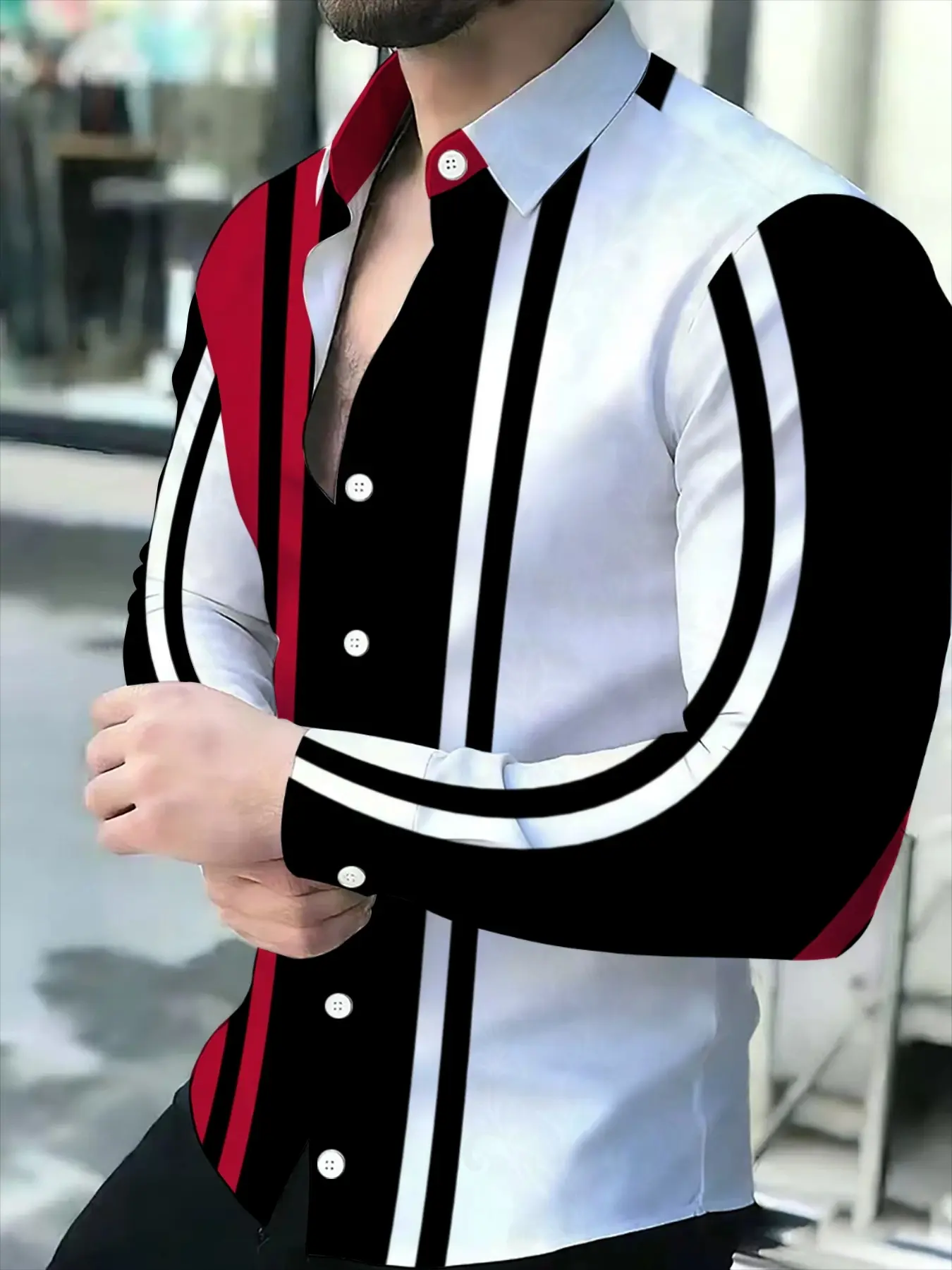 Men's Fashion Color Block Slim Fit Button Front Shirt, Long Sleeve Black White Red Striped Design Business Casual Men's Top, Casual Button Collared