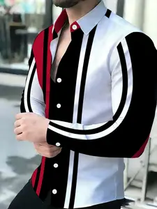Men's Fashion Color Block Slim Fit Button Front Shirt, Long Sleeve Black White Red Striped Design Business Casual Men's Top