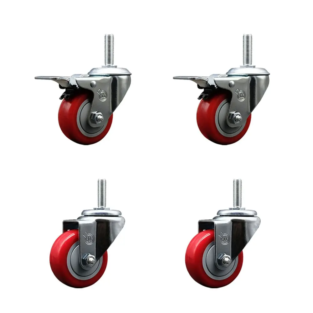 Service Caster SCC-TSTTL20S314-PPUB-RED-58212-2-S-2 Swivel Threaded Stem Casters (Set of 4), 3x1.25in Red Wheels, 0.63in Stems, 1200lbs Capacity, 2 with Total Locking Brake, Ball Bearing, Non-Marking, Bolt Hole for Carts & Equipment, Shop Projects