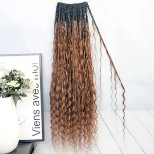 [Eayarru]24" Pre-Looped Crochet Boho Box Braids with Human Hair Curl 1B/30 - Deep Wave Texture