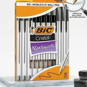 BIC Cristal Xtra Smooth Ballpoint Pen, 1.0mm Medium Point, Black, 10-Count, Hexagonal Grip, Smooth Write, Skip-Free for Everyday Office & Personal Use