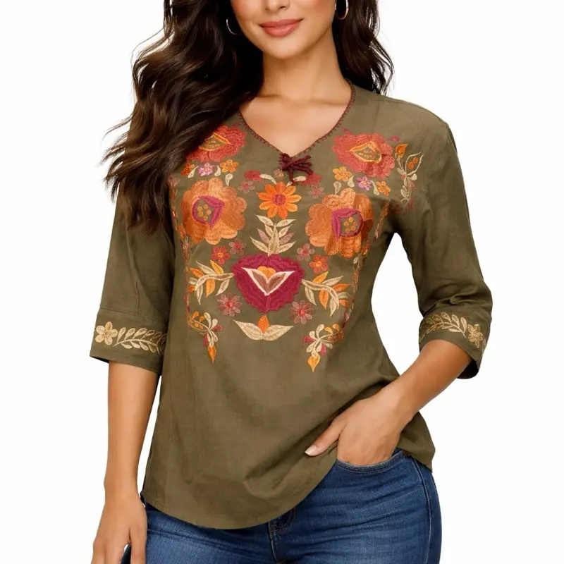 Adri Blouse 3/4 Sleeve Embroidered Mexican Blouse 100% Cotton