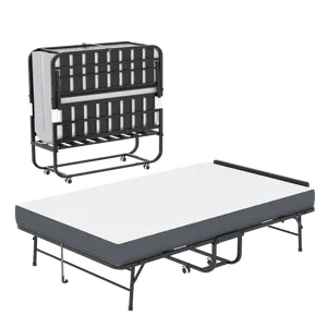 75"x46" Wide Folding Bed with Adjustable Headboard, Extra Long Rollaway Bed for Tall People, 5" Memory Foam Mattress, Heavy-Duty Guest Bed on Wheels, Spacious Twin Cot