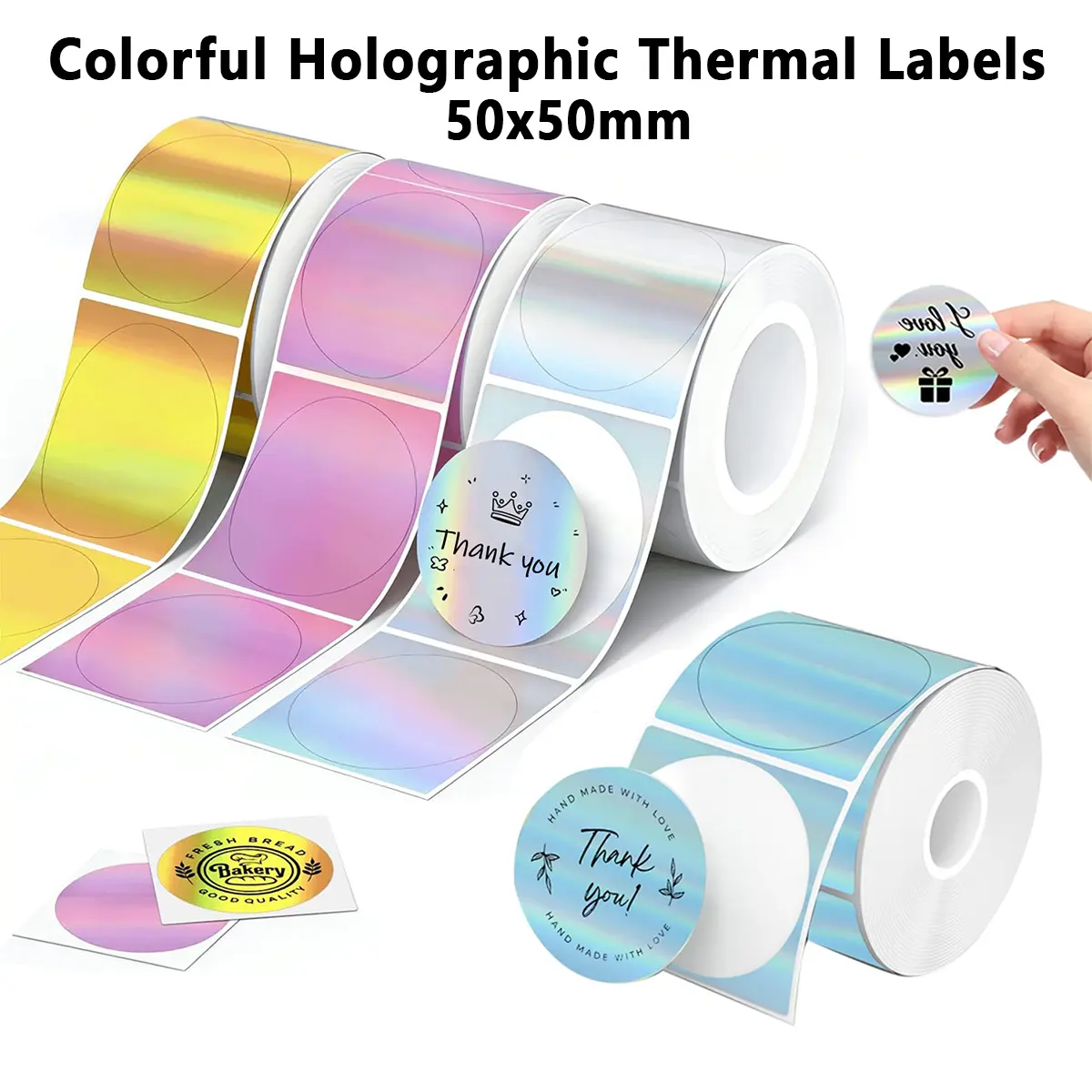 Round Holographic Thermal Sticker Labels, 50x50mm Rainbow Wave Glitter Printable Labels, Compatible with P50-M220-M221 Mini Thermal Printers, for Price Tags, Name Tags, Barcodes
