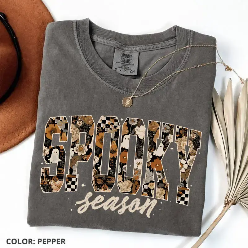 Comfort Colors Spooky Season Floral Patchwork Graphic T-Shirt, Vintage Halloween Tee, Cozy Fall Shirt, Relaxed Fit Retro Vibe - The Paul