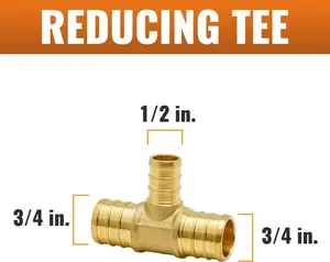 6-Pack 3/4" X 3/4" X 1/2" PEX Reducing Tee Brass Crimp Fitting, No Lead Brass