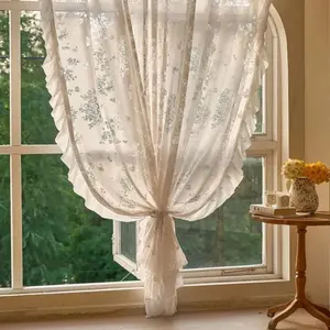 Beige White Vintage Rose Butterfly Sheer Curtain, Rod Pocket Jacquard Curtain with 3-Side Ruffled Edge, Light Filtering Privacy Window Curtain for Indoor Decor