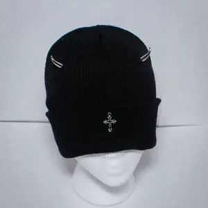 Horn Beanies - Black Knit Beanie with Cross Design, Two Patch Flaps, and Simple Style