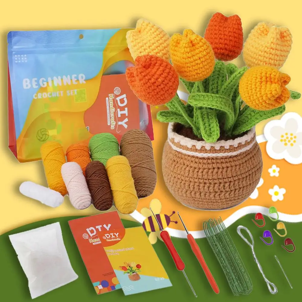 Crochet Kit for Beginners, Yellow Tulip Sunflower Bouquet Potted Plant Crochet Set Beginner Crochet Starter Set for Beginner Adults, Crochet Kit with
