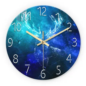 Geometric Blue Starry Sky Deer Pattern Wall Clock, 12-14 Inch Silent Clock, Aa Battery Powered, for Living Room, Bedroom, Office