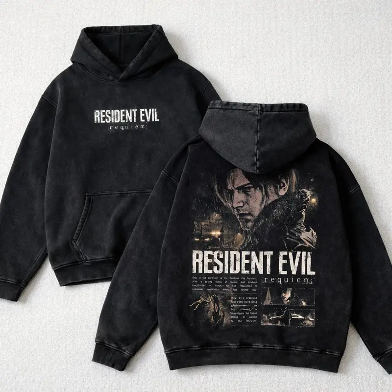 Resident Evil Re9 Remake Hoodie & T-Shirt Leon, Vintage Acid Wash Apparel, Survival Horror Game Merch, Gold Poster Pullover, Unisex Cotton Top