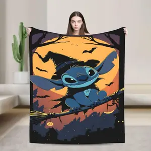 DISNEY CLASSIC Halloween Wizard Stitch Flannel Blanket - Soft, Warm, Bat Cartoon Design, Sofa, Bed, Office, Blanket for Couch, Halloween Decorations