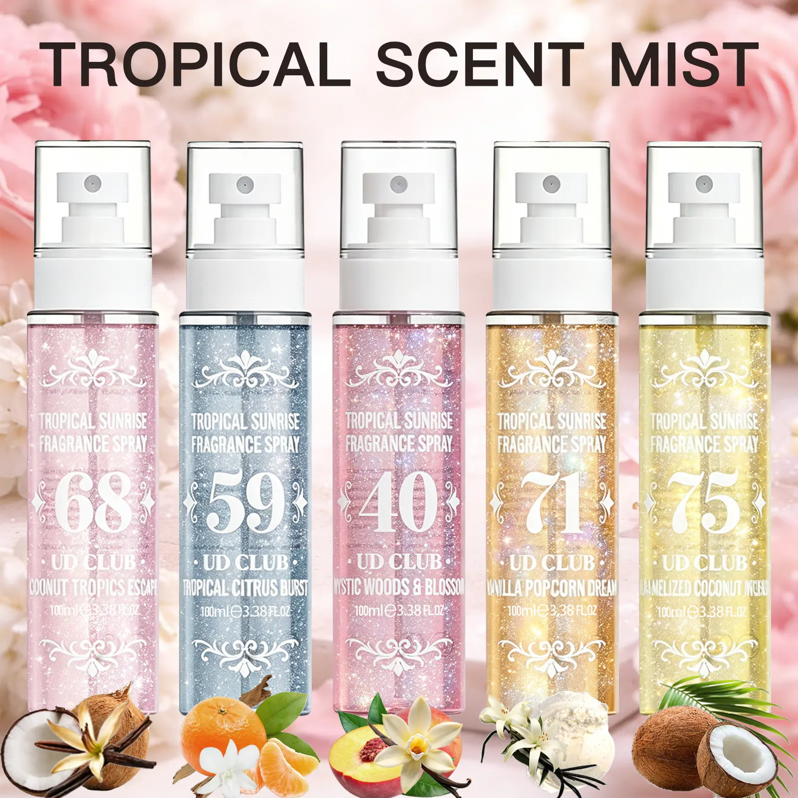 3.4 fl.oz Tropical Shine Perfume Spray - Long-Lasting Fragrance with Vanilla Popcorn, Citrus, Coconut, Floral & Fresh Blends, Multi-Purpose Odor-Fighting Scent for Home, Car, Fabric