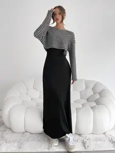 Women's Two-Piece Set Autumn Knit Striped Print Round Neck Long Sleeve Top & Sleeveless Dress, Casual Fashion, Matching Skirt Set, Striped Knit Sets