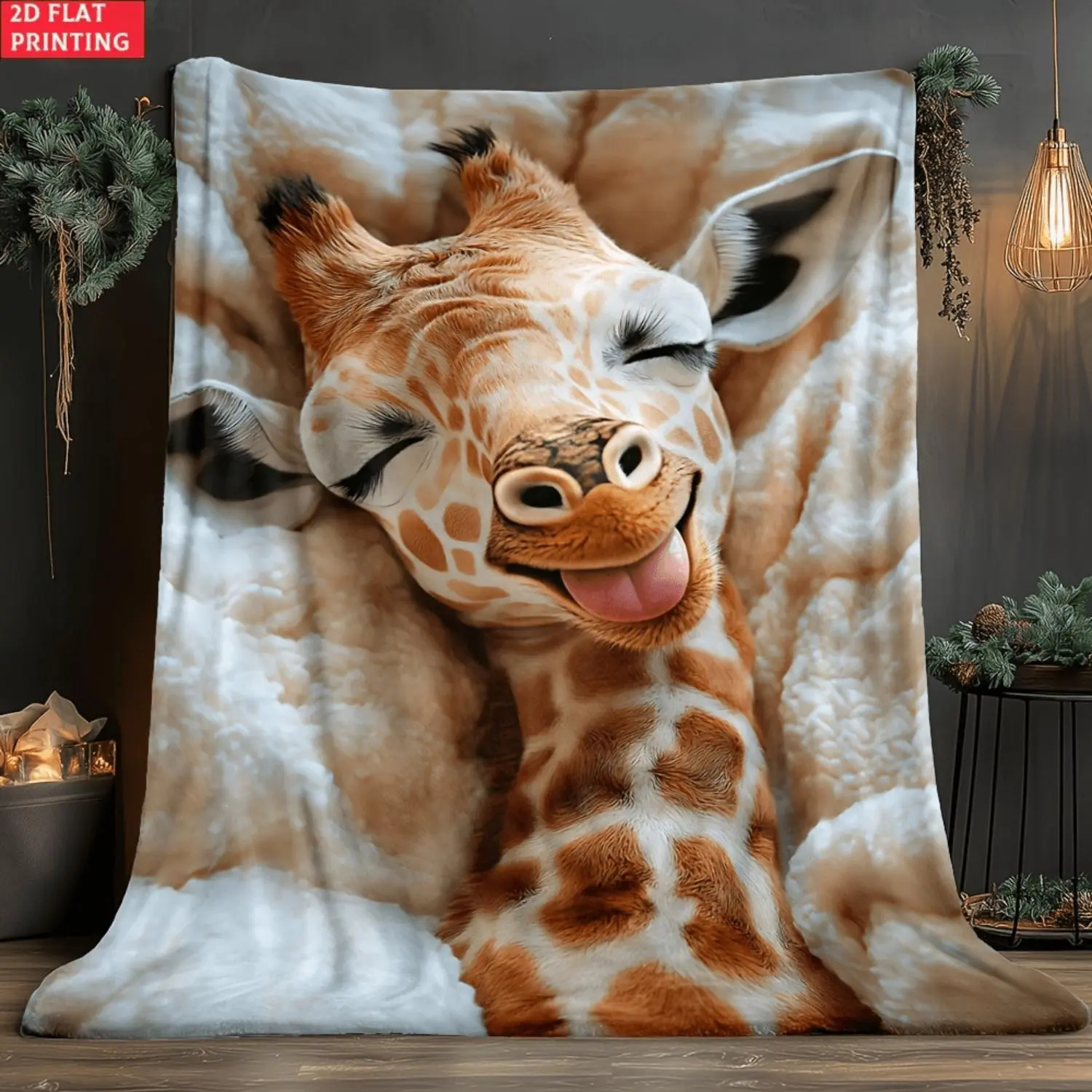 2D Flat 1pc Giraffe in Soft Bed Portable Blanket- Lightweight Flannel Throwfor Sofa, Travel, Camping, Livingroom, Office, Couch, Chair, And Bed - Digital Printing Fleece Blanket with Soft And Warm Flannel Fabric