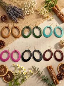 Women's Elegant Earrings Set, Colorful Oval Geometric Shapes Hollow Out Wooden Jewelry Fashion Drop Earrings, Bohemian Style Pendant Jewelry for Daily Wear Hoop Earrings
