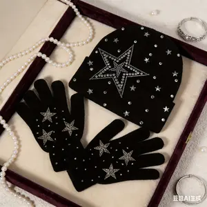 Women's Acrylic Hat and Glove Set with Starlingite Stone Decoration Stretchable Breathable Knit Hat and Gloves Hand Wash Dry Clean Only Embroidered Design Unisex Everyday Use Outdoor Activities