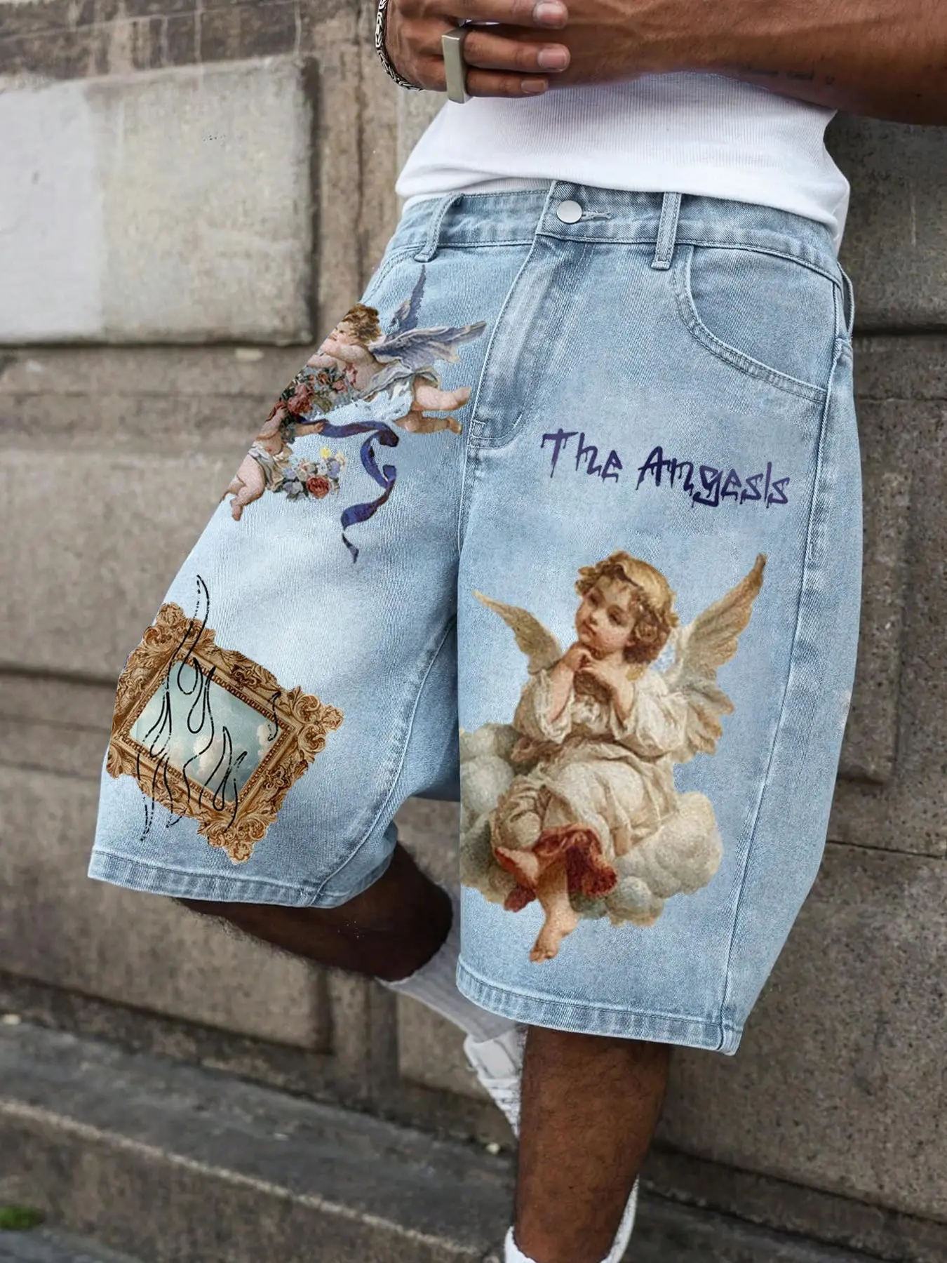 Men's Denim Shorts, Jean Jorts, Renaissance Angel Art Print, Streetwear Style Loose Fit, Summer Daily Wear, Casual Fashion, Comfortable and Stylish