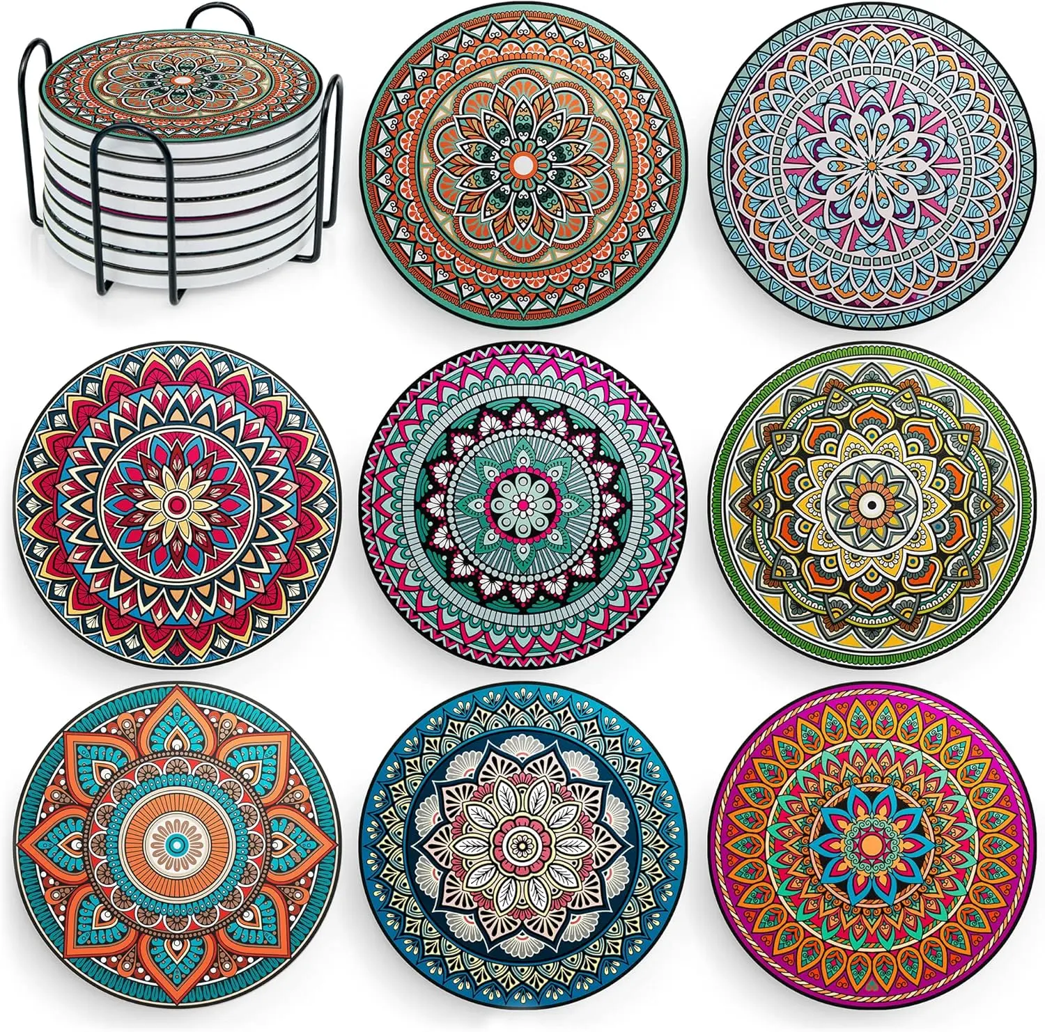 Mandala Drink Coasters - 8 Set Boho Coaster for Drinks Absorbent - Coasters for Coffee Table Apartment Wooden Bar Mugs Glasses Cup Beer Round Reusable placemats
