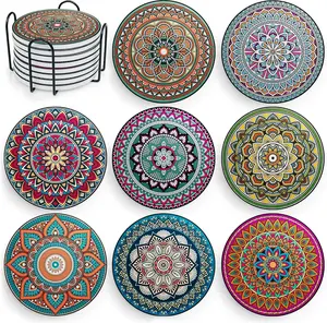 Mandala Drink Coasters - 8 Set Ceramic Boho Coaster for Drinks Absorbent with Cork Base and Black Holder - Coasters for Coffee Table Apartment Wooden Bar Mugs Glasses Cup Beer Round Reusable placemats