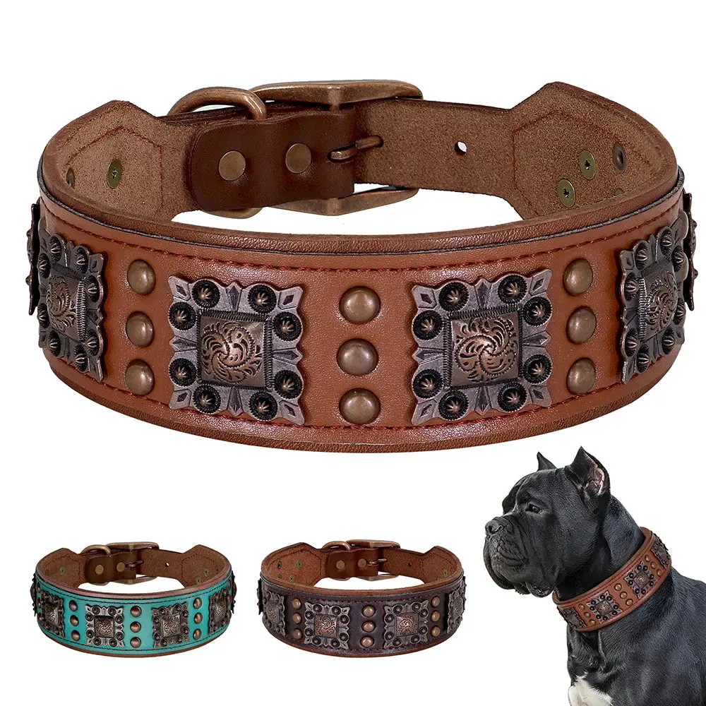 Cool Spiked Dog Collar for Medium Large Dogs – Genuine Leather Adjustable Pitbull Bulldog Collar with Metal Buckle & D-Ring