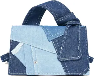 RIVERICH Denim Purse for Women Patchwork Shoulder Bags, Mini Purse Crossbody Bag Denim Top Handle Clutch Handbag Denim Patchwork Bag Jean Purse Shoulder Purse Denim Crossbody Bags for Women with Adjustable Strap