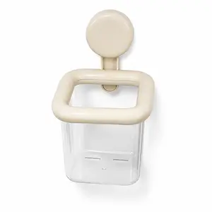 cream white no drill transparent wall mounted bathroom caddy, draining bottom adhesive toothbrush holder, nordic vanity storage basket for rental apartment jewelry box
