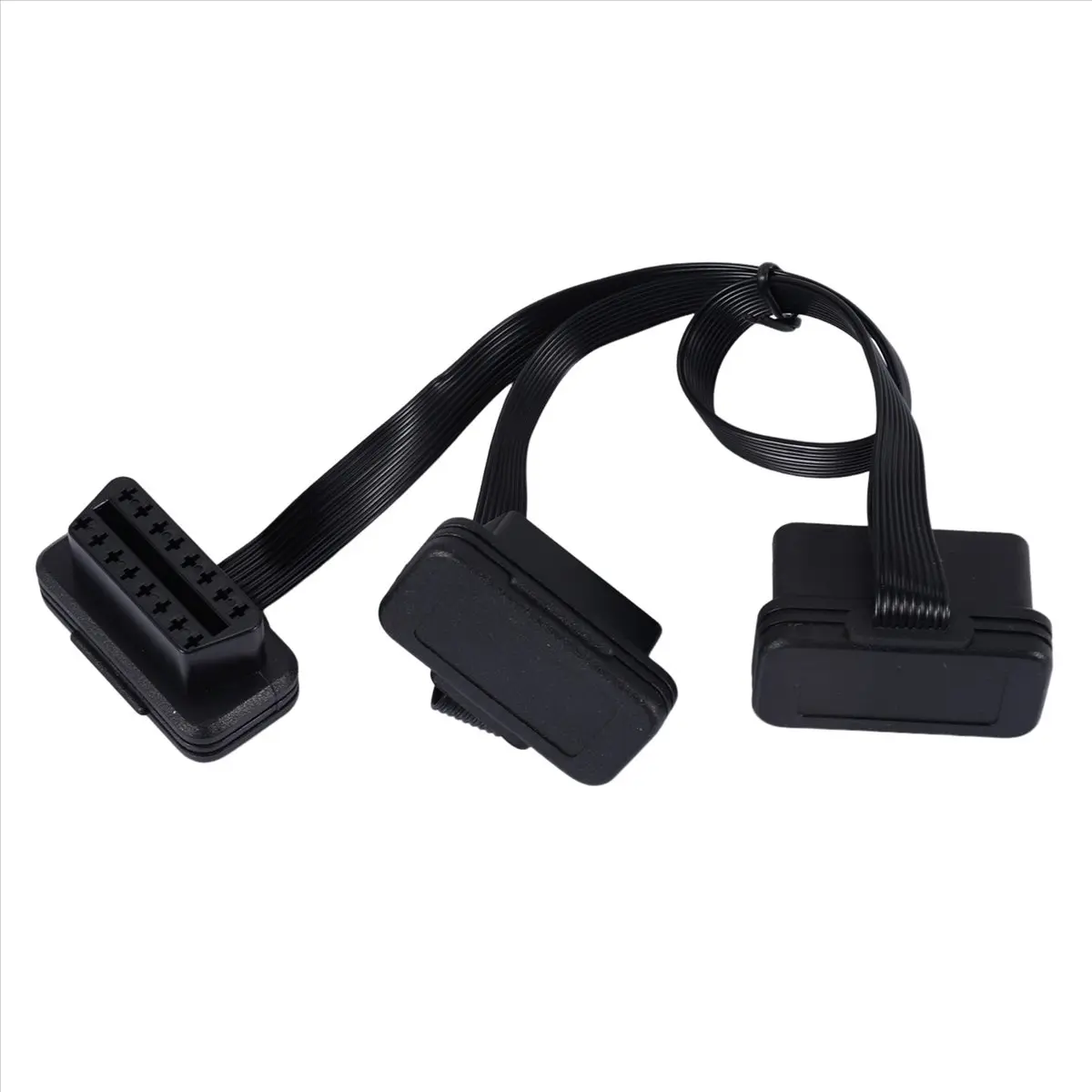 OBD2 J-1962 16PIN Male to Dual Female Y Splitter Cable, ABS Plastic, Flat-Thin Extension, Plug-and-Play, Approx. 1ft/30cm, for ELM327, GPS Trackers, Passenger Cars