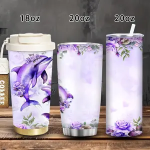 1pc 18oz/20oz Whimsical Purple Floral Dolphin Artwork Tumbler with Lid and Straw, Winter Insulated Travel Mug, Gift for Women Men, Ideal for Valentine’s Day, Easter, Birthday Gift, Iced/Hot Coffee Cup
