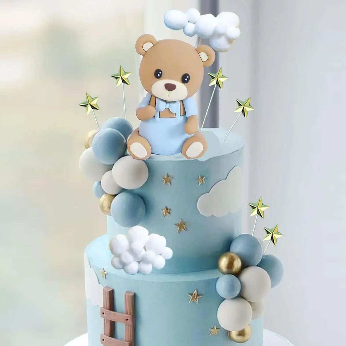 33 PCS Bear Cake Toppers Bear Balls Cake Decorations with Stars Clouds Cake Toppers for Boy Girl Baby Shower Birthday Party Decorations