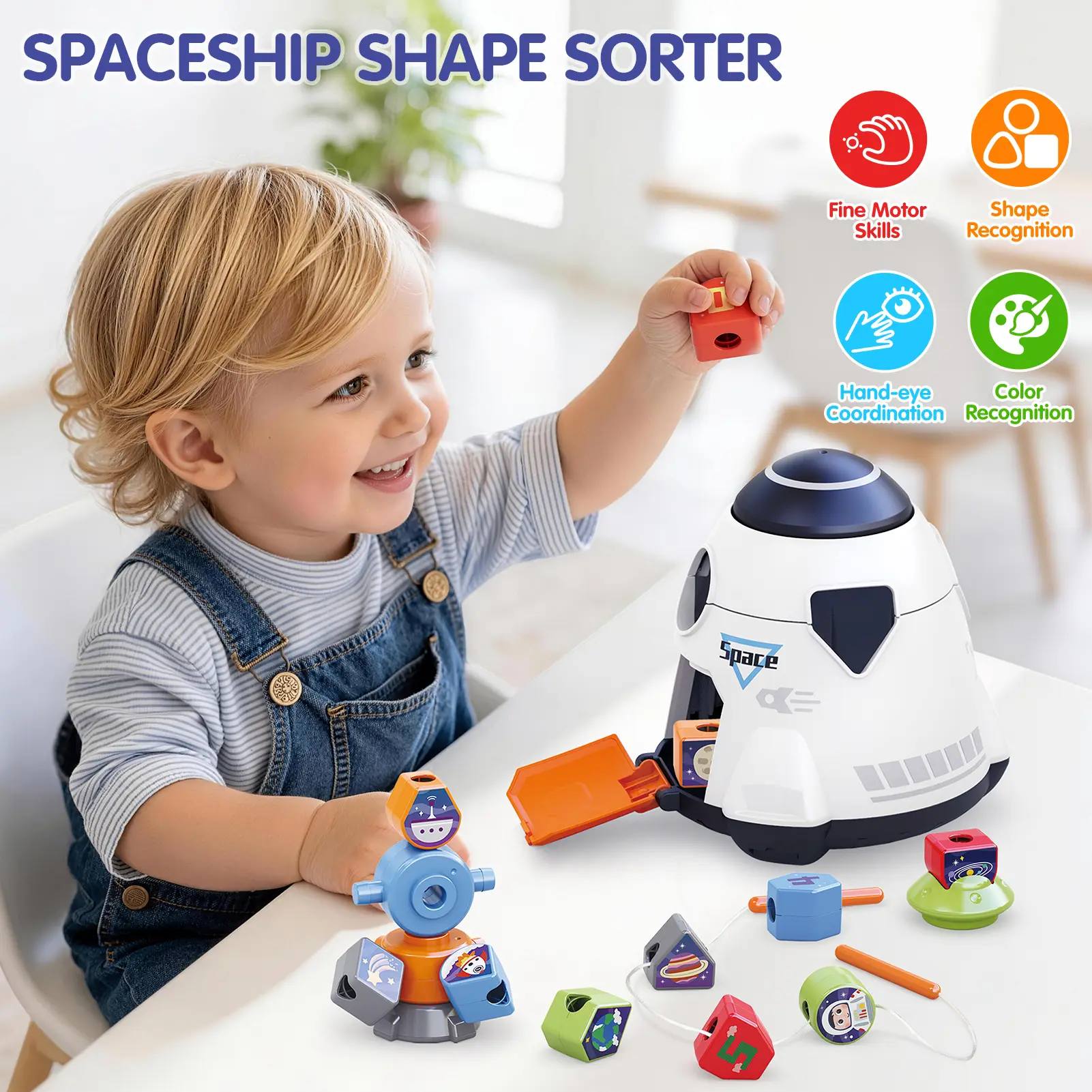 HOLA Magic Toy Spaceship Shape Sorter Building Set - 3-in-1 Toddler Sensory & Learning Toy for 2+ Years Old, Shape Matching, Beading & DIY Building with Storage,  Early Education Gift