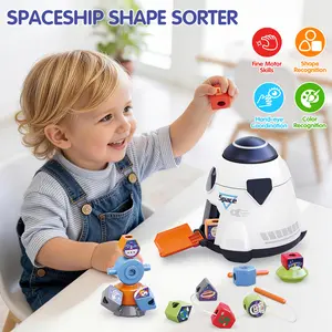 HOLA Magic Toy Spaceship Shape Sorter Building Set - 3-in-1 Toddler Sensory & Learning Toy for 2+ Years Old, Shape Matching, Beading & DIY Building with Storage,  Early Education Gift
