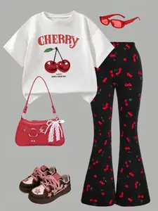 Round Neck Short Sleeve Cherry Print Top + Cherry Pattern Bell Pants, Casual Daily Outdoor Wear, Fall Winter