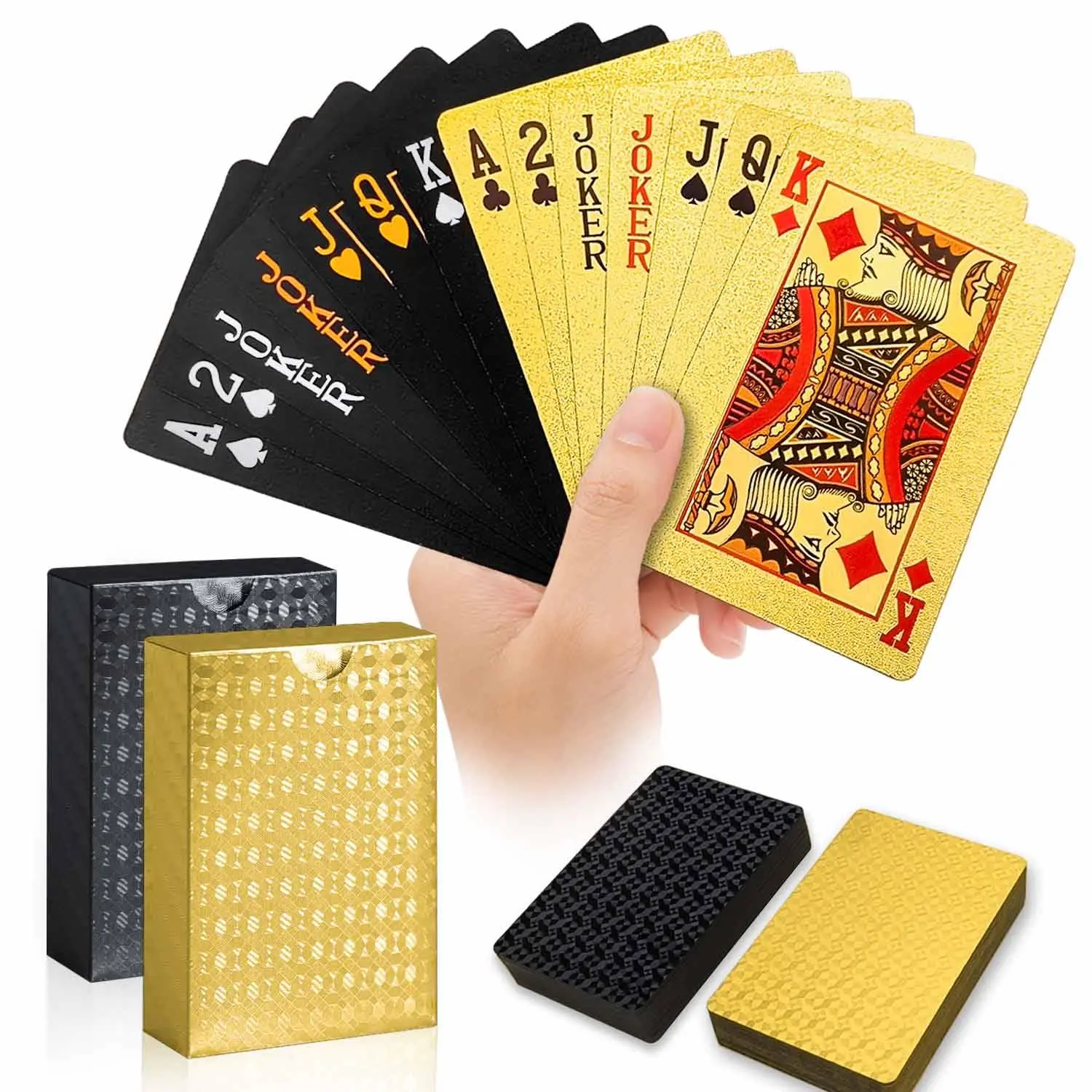 2-Pack Elegant Waterproof Decks of Cards, Gold & Black Diamond Texture Luxury Sets with Gold Foil Shine, Poker Card Design Cool Picks for Pool, Beach Party, Blackjack, Card Games