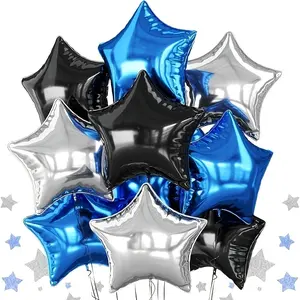 18 silver, blue, and black star shaped aluminum foil balloons, 25.4 cm metal textured five pointed star balloons, can be used to create birthday party decorations, baby showers, weddings, and space themed graduation party decorations for men and boys
