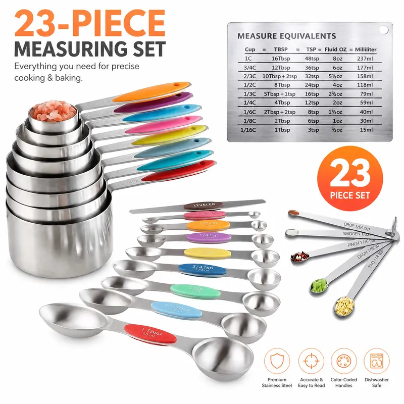 23-Piece Rust-Proof Steel Food-Grade Stainless Steel Measuring Cups and Spoons Set - Sturdy, Durable, Dual Unit, Magnetic Nesting Cups, Set of 9 Colored Measuring Spoons, Accurate, Refrigerator Sticker, for Baking Dry/Liquid Seasonings