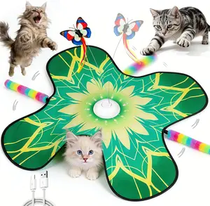 Hide and Seek Cat Toy Mat, 3-in-1 Interactive Cat Toys for Indoor Cats with Fluttering Butterfly & Moving Concealed Feathers, 3 Prey Sounds, Rechargeable Auto Play Mat for Bored Adult Cats & Kittens