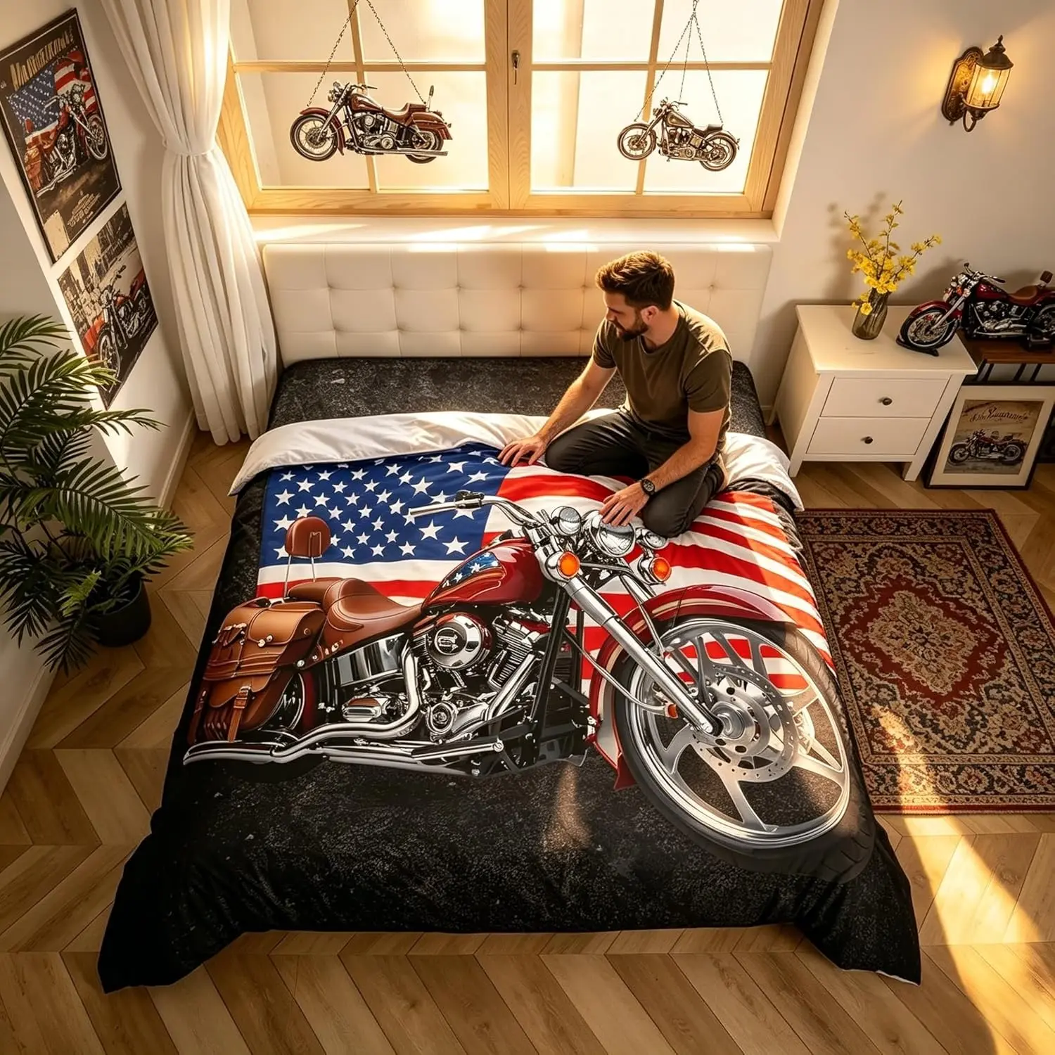 American Flag Duvet Cover Set,Motorcycle Bedding Set Adult Room Decor,Eagle Animal Comforter Cover Brown Quilt Cover